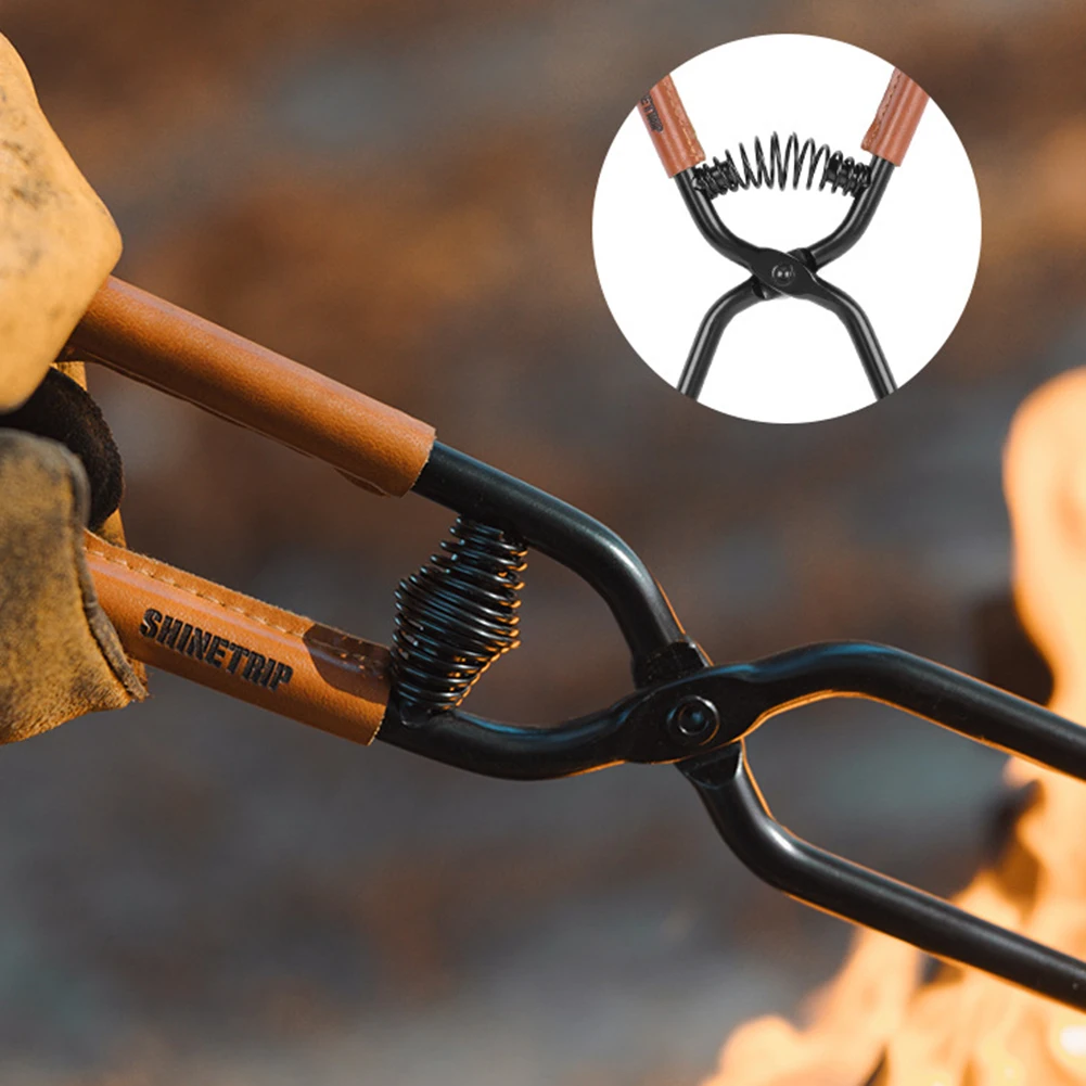 

Camping Fire Poker with Leather Cover Picnic Fire Clips Carbon Steel Long Handle Fire Poker Anti-Scald Outdoor Camping BBQ Tools