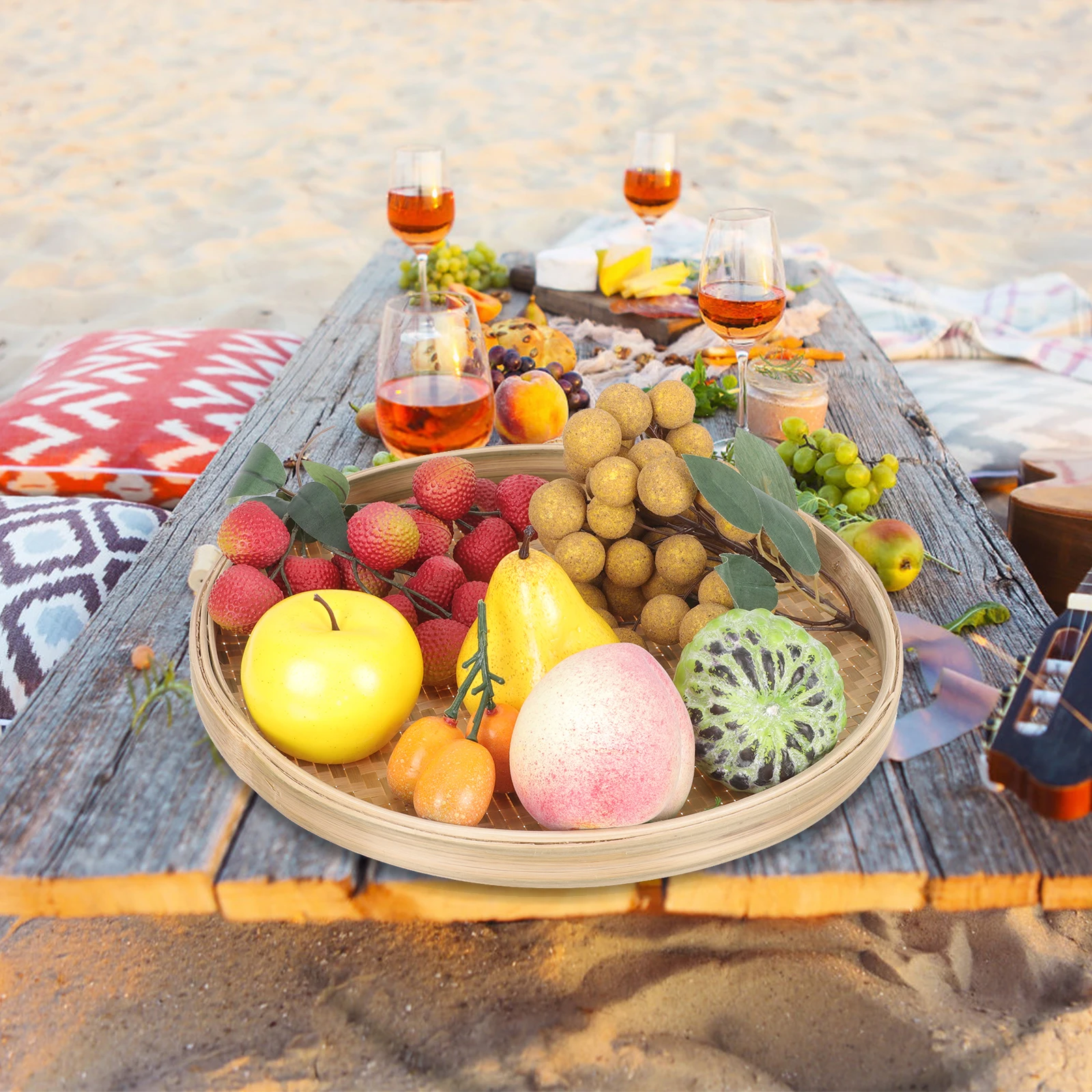 

Bamboo Woven Basket Round Tray for Eating Food Storage Snack Dessert Herbal Tea Container Picnic Camping Kitchen Bar