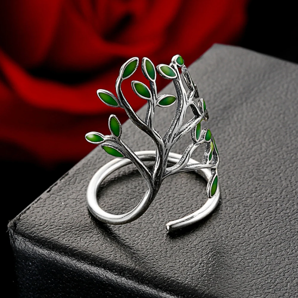 Anillo con forma de árbol esmaltado para mujer, joyería de plata de ley 100% 925 auténtica, accesorio de fiesta de compromiso de boda, novedad