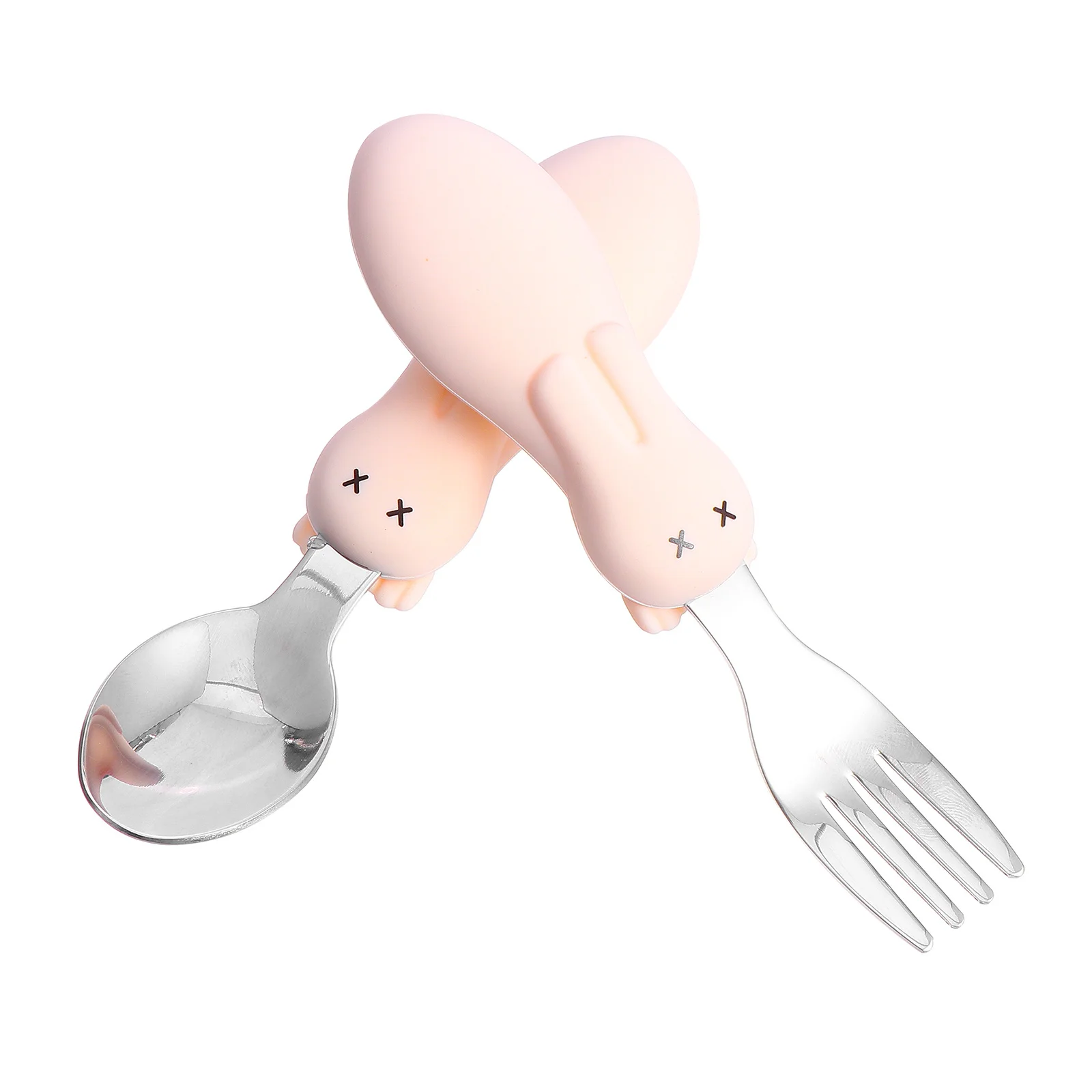 

1 комплект, набор ложек и вилок для обучения младенцев, детская посуда с короткой ручкой, прочная нержавеющая сталь, мультяшный кролик, увеличение аппетита