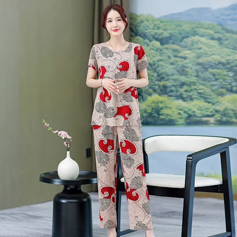 Summer Elegant Pant Sets for Women Blouses 2023 New Vintage Print 2 Piece Sets Women Outfit Casual Korean Style Summer Clothes