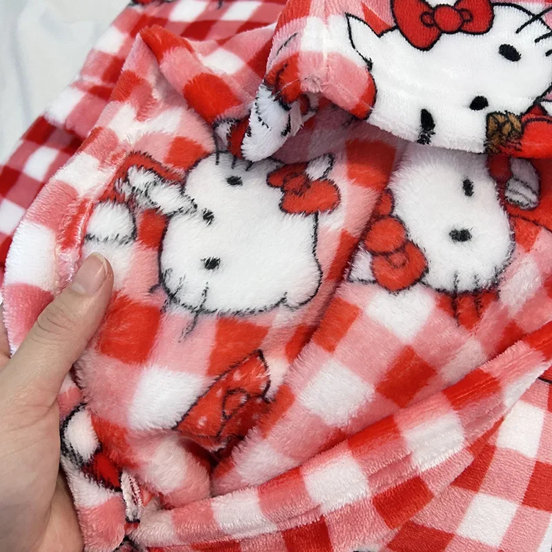 Kawaii Sanrio Hello Kitty Coral Velvet Pajamas Girl Cartoon Autumn / Winter Season Warm Thickened Plush Home Clothes Set Gift