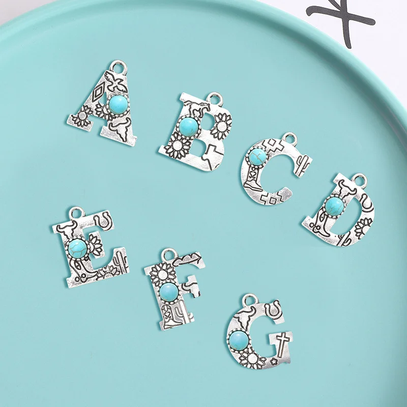 26pcs A-Z Letter Natural Stone Alloy Charms Pendant Tibetan Silver Color Alphabet Charms for DIY Neckalce Jewelry Accessory