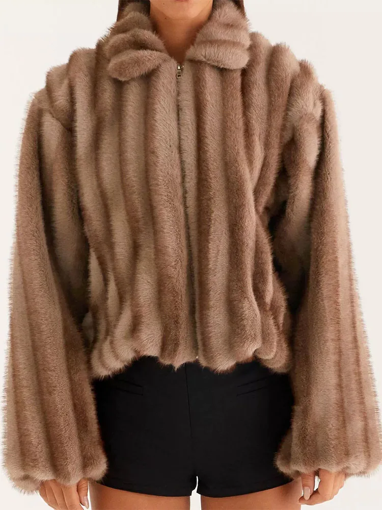 

Plush loose and comfortable winter new warm short jacket with striped zipper collar imitating fur street style jacket
