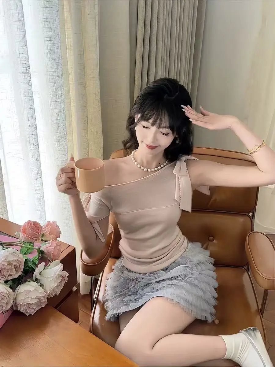 

Summer Original Spicy Girl Ice Sensation Lyocell Sweet Knot Top Korean Style Slim Fit T-Shirt Women's Fashion