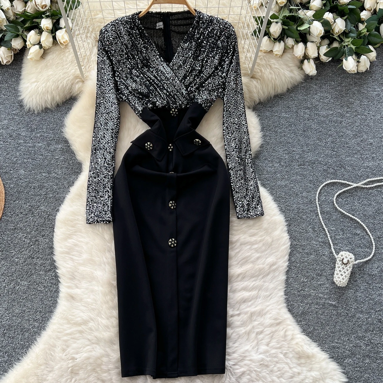 

Dress Women Mid Length Dresses Party Night Sequins Vestidos Slim Fit V Neck Full Sleeve Elegant Splice Y2k Streetwear Work