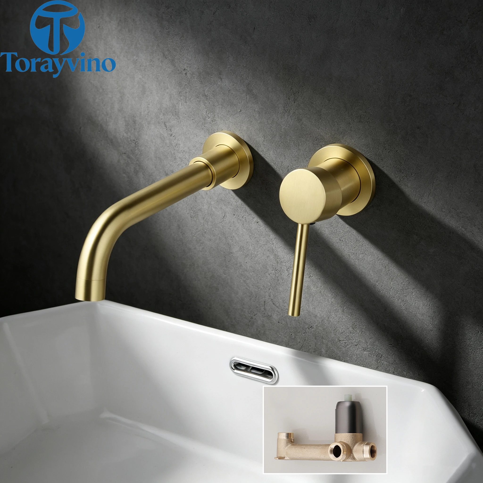 Torayvino Bathroom Gold 360 Swivel Spout Sink Faucet Wall Mount Bathtub Faucet Basin Shower Systerm Faucet Set Bath Mixer Tap