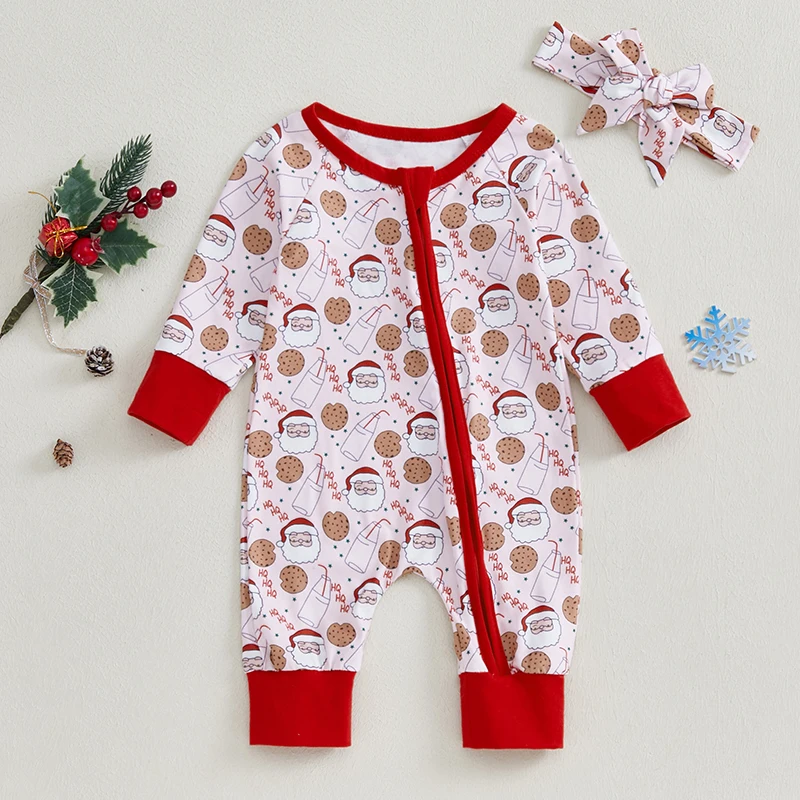 0-18 Months Baby Jumpsuit Long Sleeve Crew Neck Santa Claus Cookie Print Christmas Romper Clothes for Girls Boys