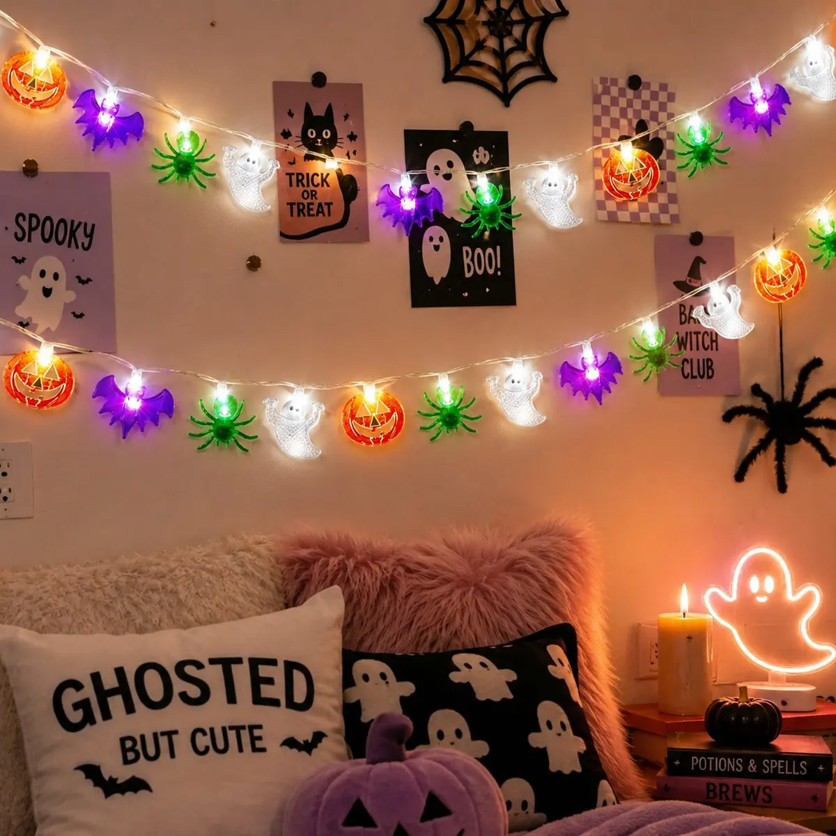 1PC Halloween LED String Lights Mixed Pumpkin Bat Ghost Spider Shapes Fairy Lights White Light For Outdoor Porch Yard Home Decor