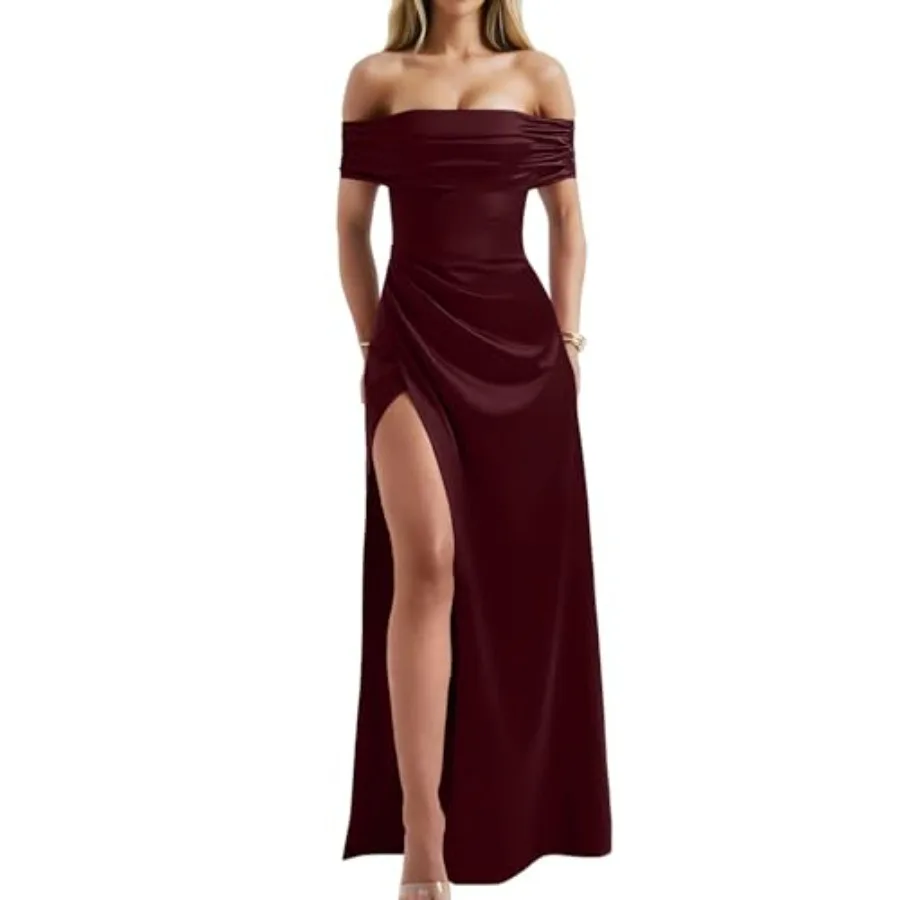 

Memoriesea Women's Elegant Off Shoulder High Split Bodycon Evening Wedding Maxi Dress