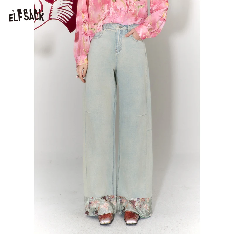 ELFSACK Sweet Cool Lace Floral Insert Denim Blue Wide Leg Jeans for Women