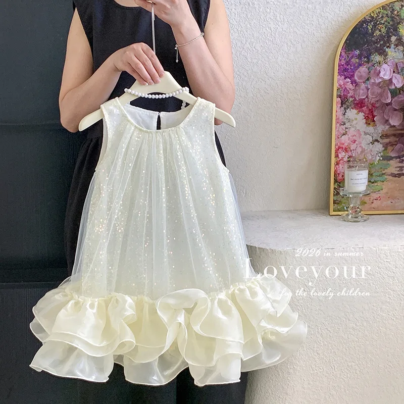 Girls Princess Dress Summer 2026 New Children Light Luxury High-end Dress Girls Mesh Vest Dress