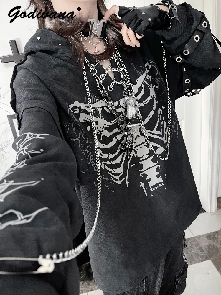 

Subculture Gothic Ribs Printed Tattered Loose Hoodies Sweet Cool Girl Women's Chain Tie-dye Distressed Punk Pullover Hoodie Tops
