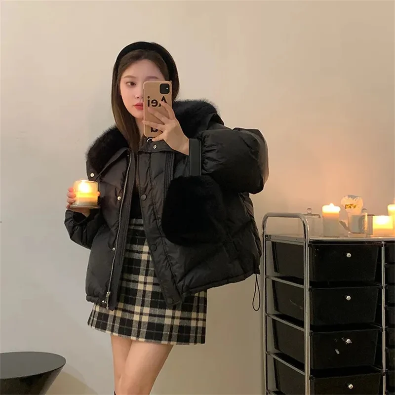 Chaqueta corta acolchada de algodón para mujer, Parkas con Cuello de piel, abrigos de algodón grueso, ropa de abrigo informal negra para mujer, invierno 2025