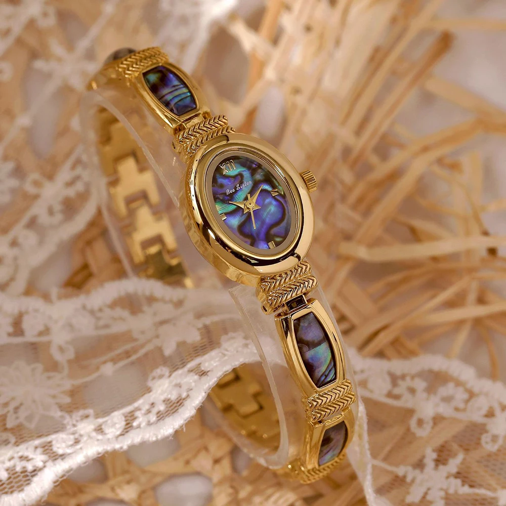 High-End Luxury Oval Watches for Women Elegant Exquisite Natural Shells Bracelet Quartz Small Dial Women's Dress Watch Gold
