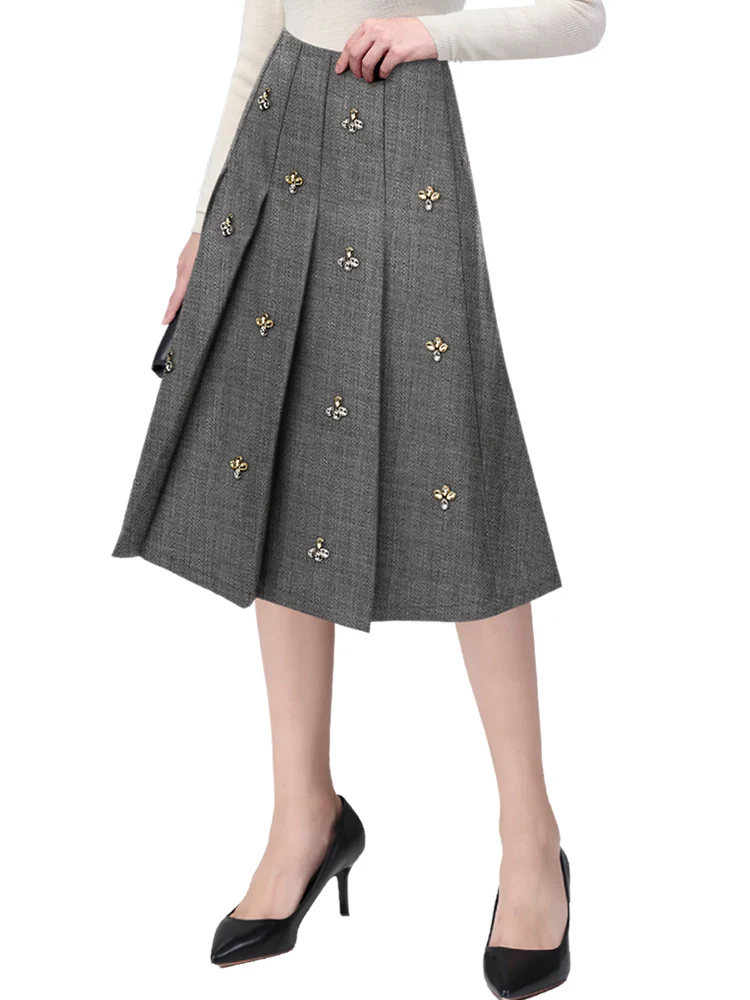 Fashion Grey Diamond-encrusted Skirt Women HIgh Waist A-line Pleated Mid-length Skirts Spring Summer New Cute All-match JK Skirt