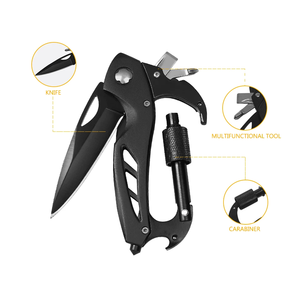 1 pz 2 pz Multitool moschettoni coltello da tasca, apribottiglie, interruttore finestra e cacciavite, attrezzatura di sopravvivenza per