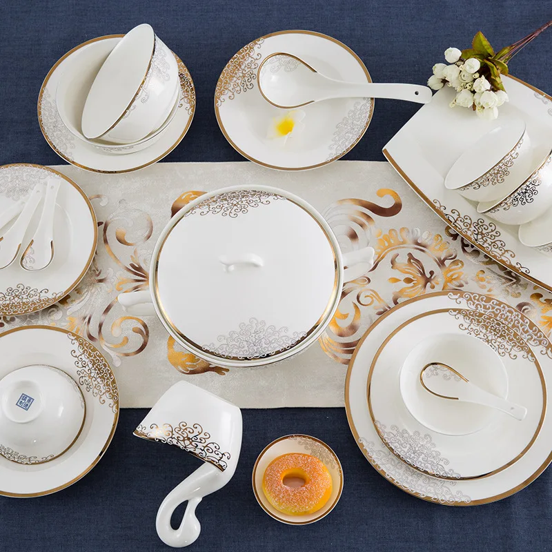 Luxury Fine Bone China Square Dinnerware Set, Gold Rim Porcelain Plates & Dishes Tableware