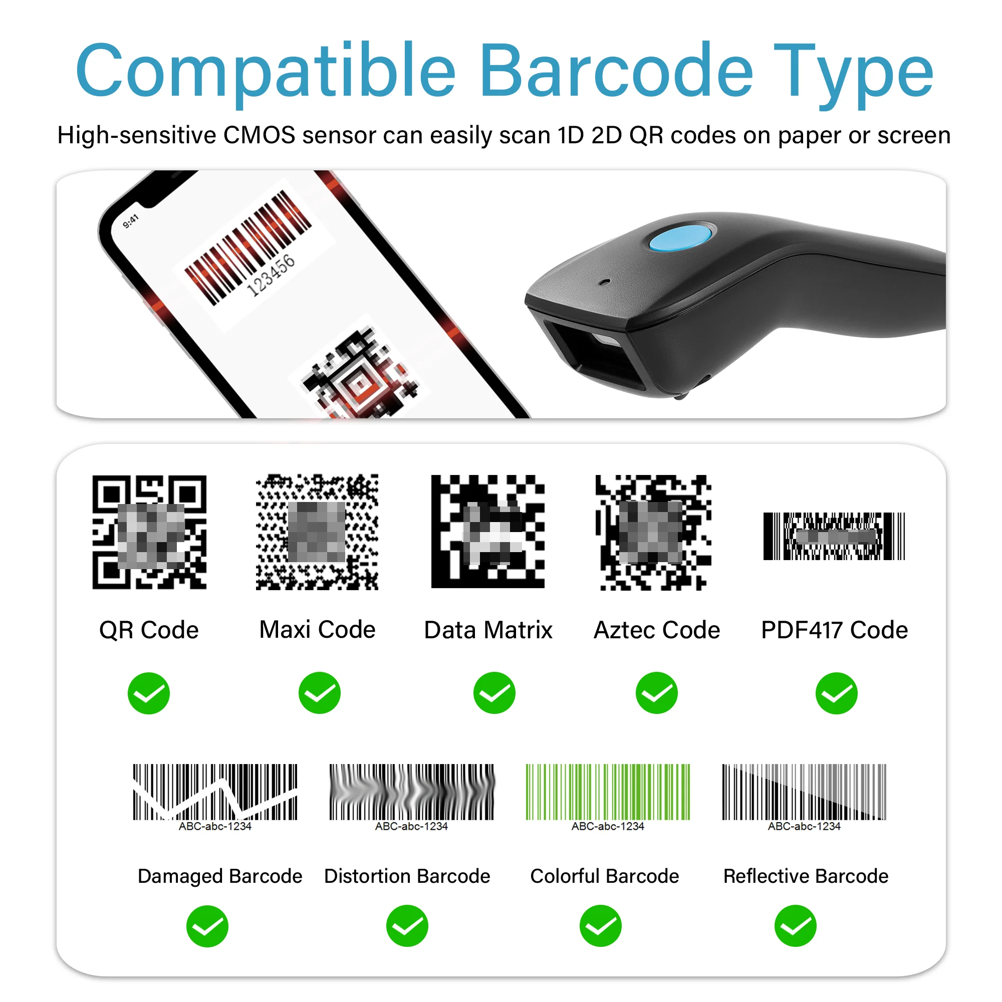 Fotografia 3: Mini Leitor de Código de Barras Bluetooth 3 em 1 1D 2D QR Code CCD com Tela, Leitor de Código de Barras Portátil com Bateria de Grande Capacidade para Celular