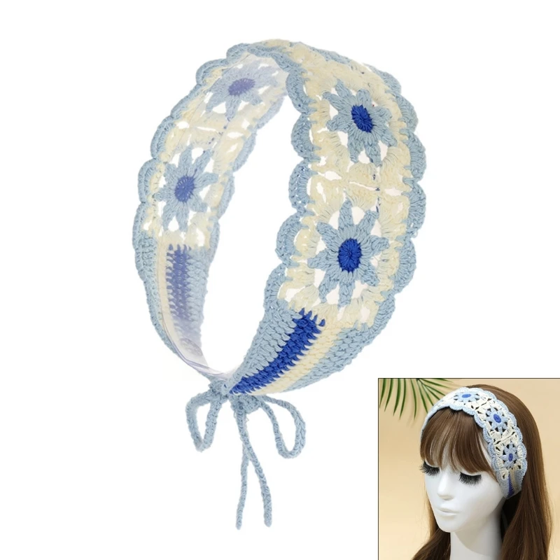 Summer Sunproof Crochet Kerchief Breathable Knit Flower Headband for Teens Girls  Fashion Taking Photo Hair Accessory