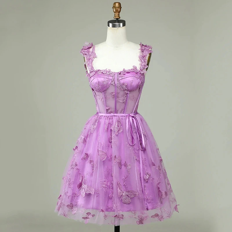 Mini vestido de fiesta de cóctel con tirantes de tul para mujer, vestidos de regreso a casa de mariposa, vestidos de flores, vestido de graduación de corsé para adolescentes, escote corazón