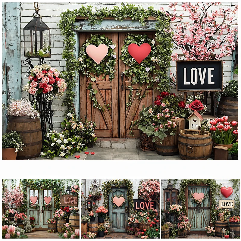 

LS Valentine's Day Photography Background Spring Nature Scenery Love Wooden Door Decor Kids Adult Portrait Photo Backdrop Studio