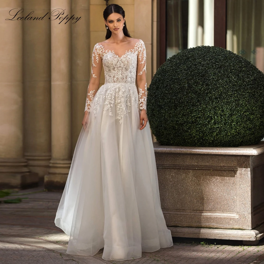 

Lceland Poppy Customized A Line Lace Wedding Dresses Scoop Neck Sequined Full Sleeves Bridal Gowns with Court Train