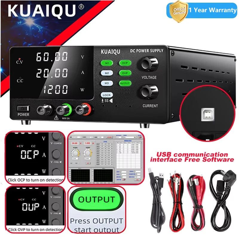 KUAIQU All-in-One 1200W Digital DC Power Supply Computer-Controlled via USB,Advanced OVP/OCP/Output preset ,M1-M3 Memory Recall
