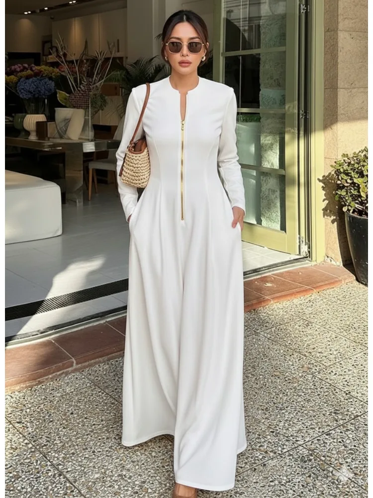 

2026 Summer Fashion Elegant White Dress Office Work Clothes Solid Color Stand up Collar Zipper Front Split Waist Long Sleeve