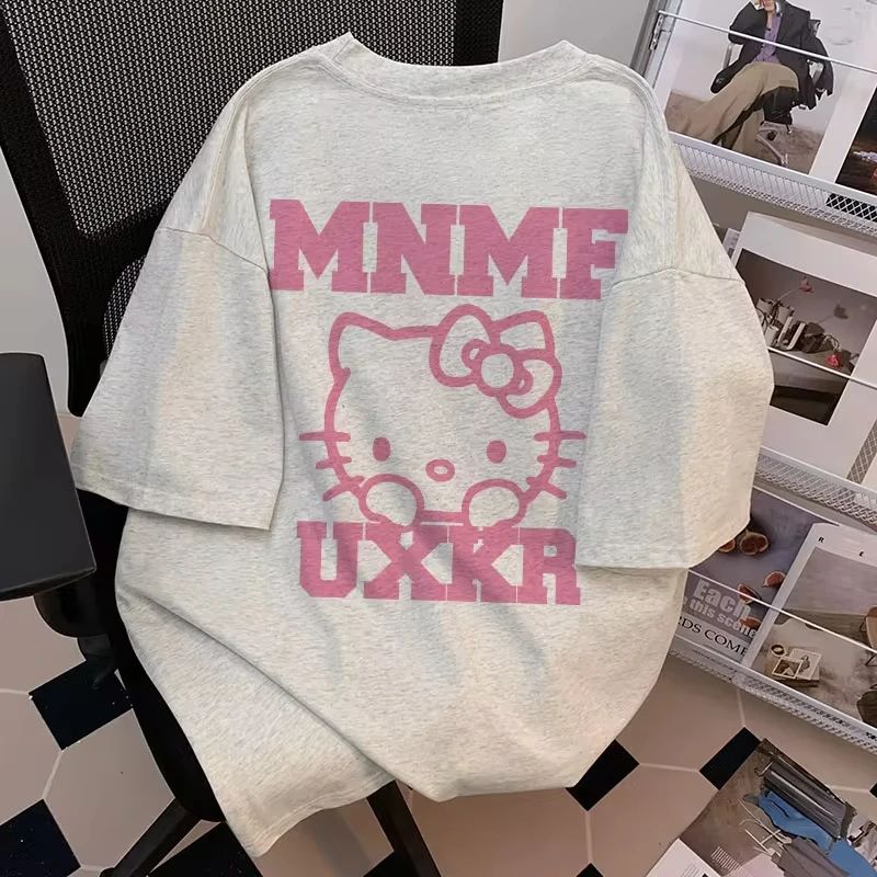 Camiseta de algodón con estampado de Hello Kitty para mujer, top de manga corta con estampado de moda Y2K para parejas, camiseta de talla grande