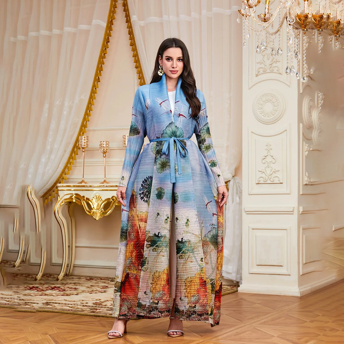 Miyake Pleated Women's Trench Coat Abaya Middle East Models Fashion Printing Outer Cloak Loose Large Size Temperament Long Robe