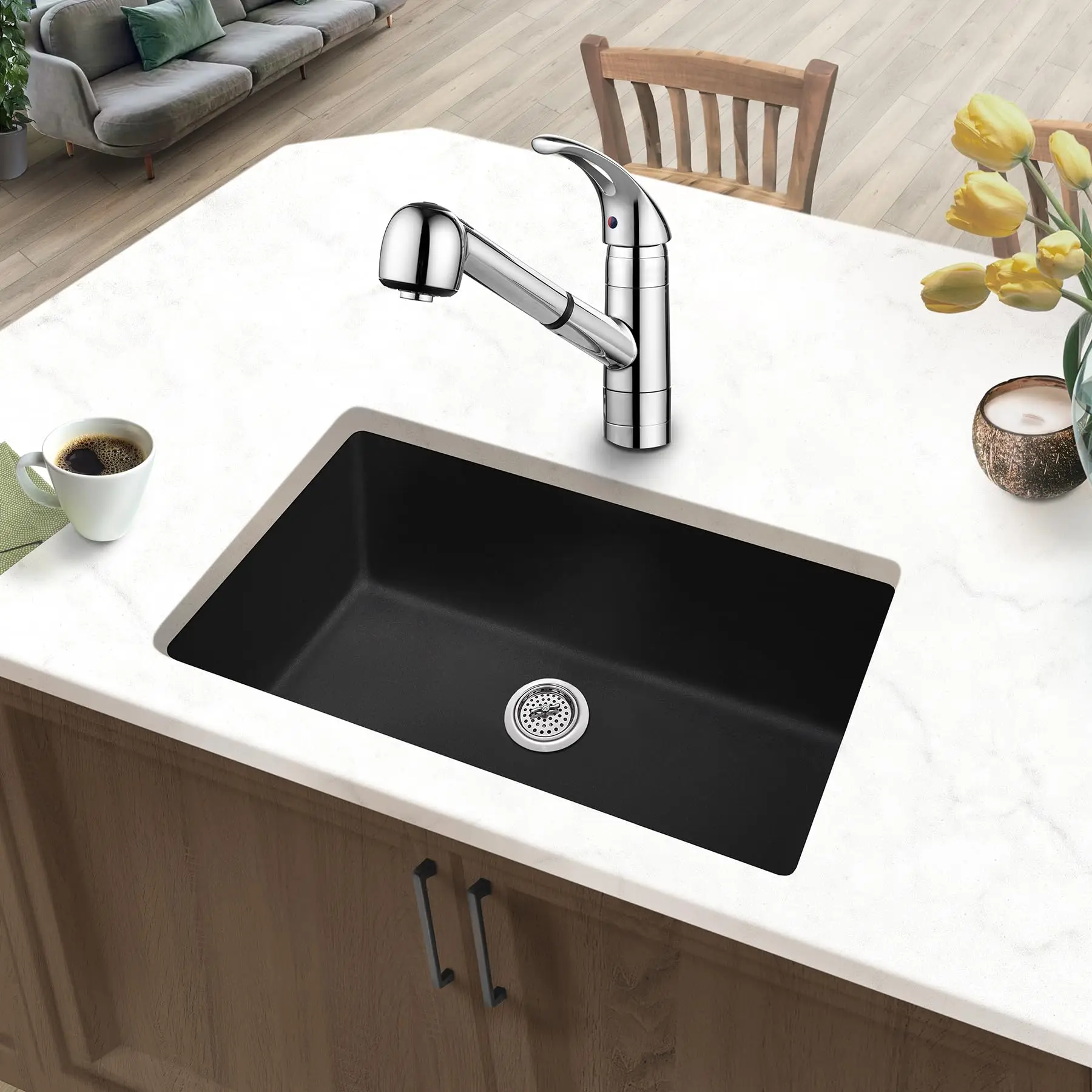 33 in. Quartz Composite Undermount Rectangular Single Bowl Kitchen Sink (Black)