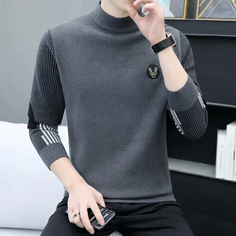 

Мужской вязаный свитер с высоким воротником, приталенный, базовый, зимний, модный, в стиле колор-блок, повседневный, из смесового полиэстера, длинный рукав