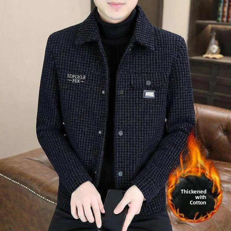 

New Fashion Thickened Fleece Collar Short Coat Autumn Winter Plaid Print Men's Jacket Stylish Rabbit Fur Lined Coat Cleanfit