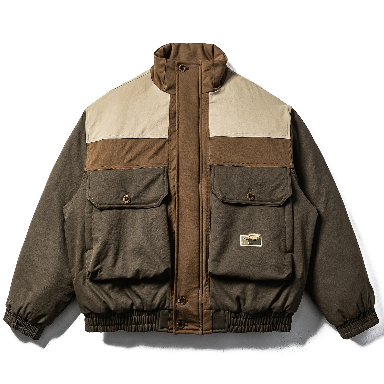 

Japanese Retro Color-Block Large Pocket Workwear Jacket for Men Loose Fit Thick Warm Stand-Up Collar Puffy Quilted Coat Street