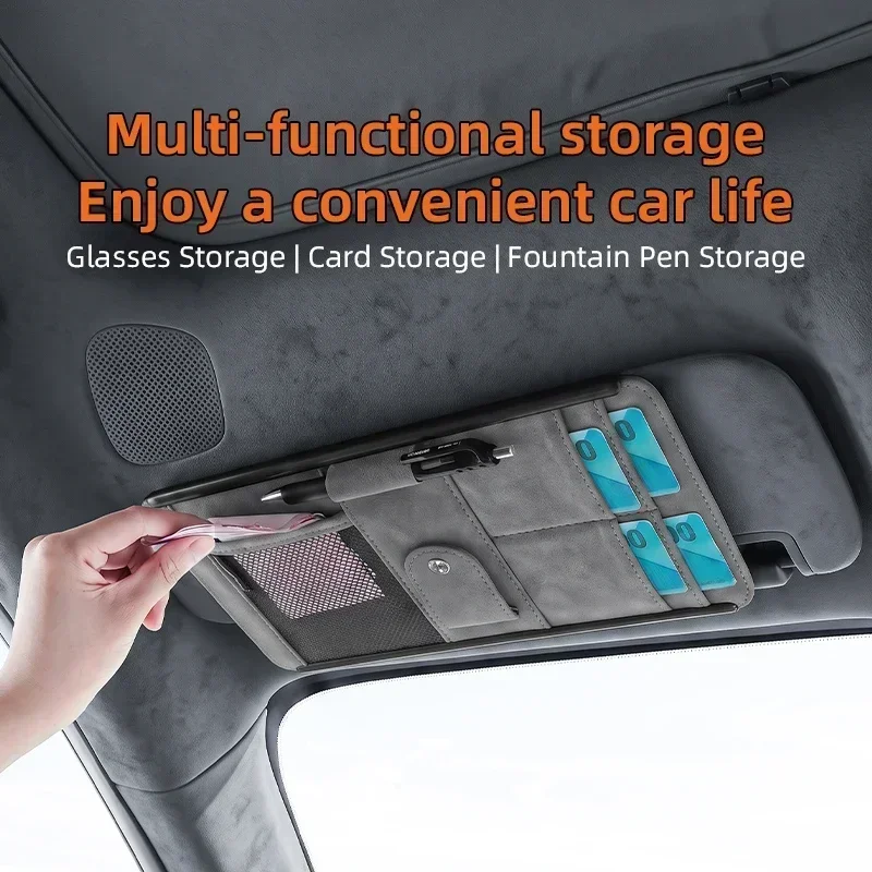 Car Sun Visor Storage Organizer Suede Multi‑Pocket Storage Bag Sunglasses Card Holder Universal for All Vehicles