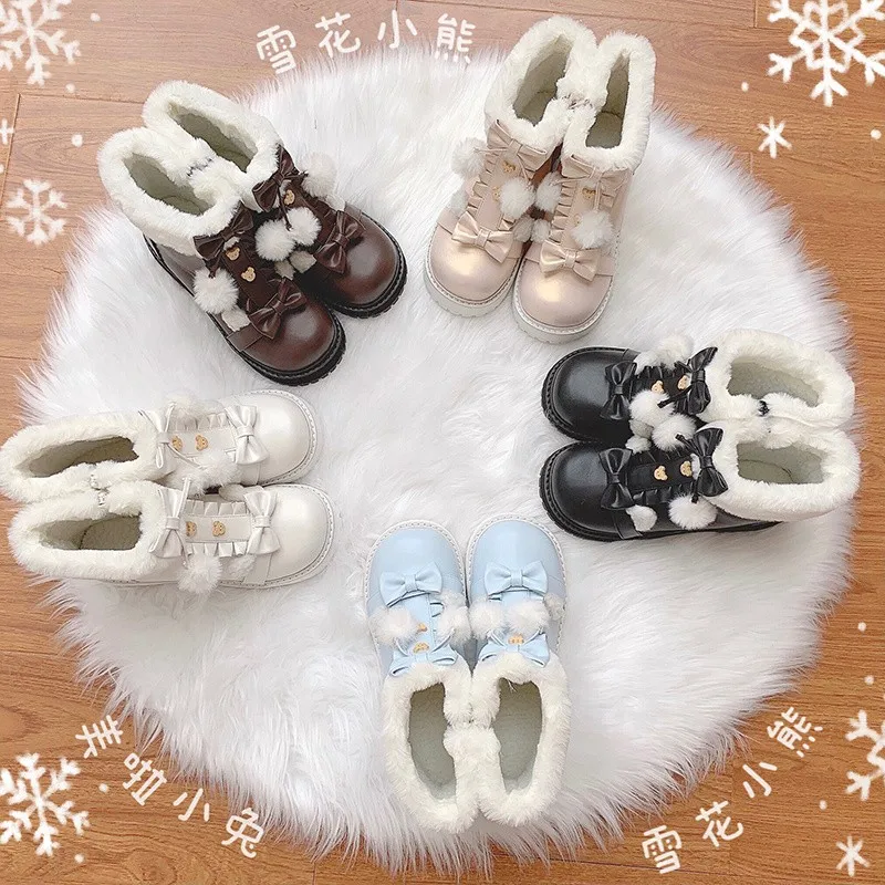 Winter Warm Lolita Boots Japanese Fluffy Round Toe Kawaii Cosplay Shoes Women Shoes Lolita Ankle Boots Loli Boot PU Leather