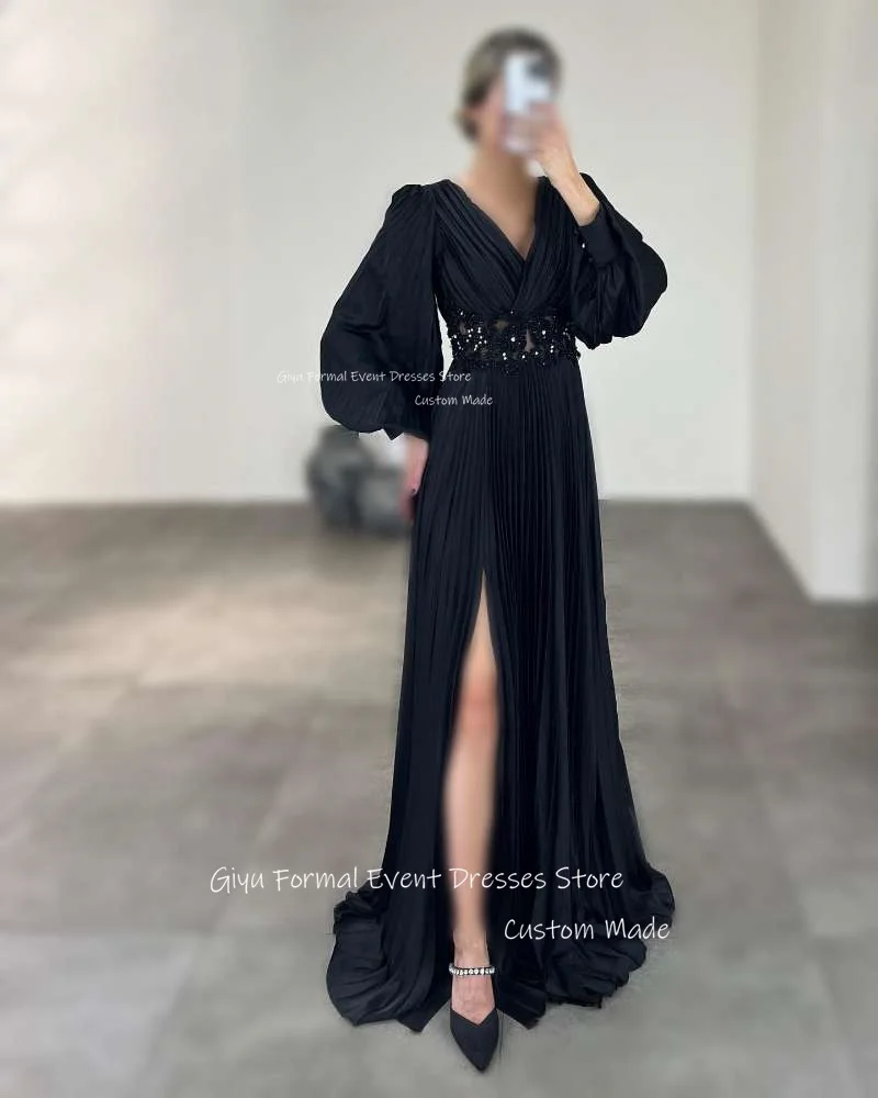 Giyu Vintage Dark Green A Line Formal Evening Dresses Dubai Arabic Women V Neck Long Sleeves Pleats Beads Formal Occasion Dress