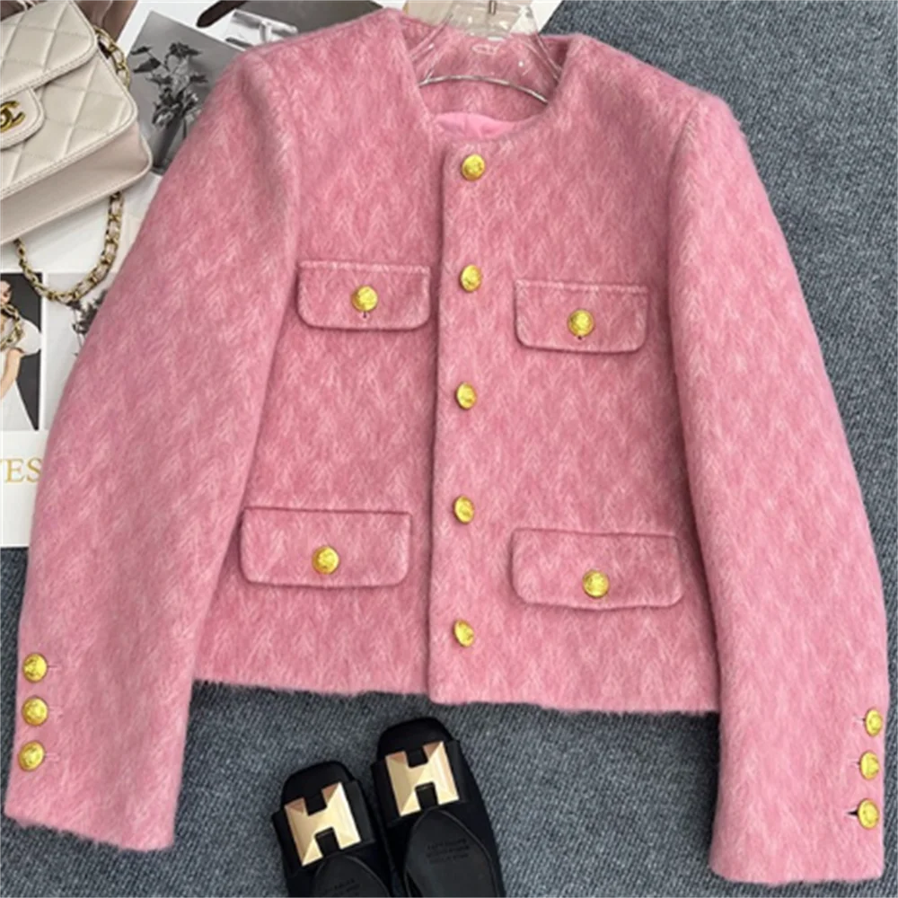 

Autumn and winter 2023 new fashiona pink jacket single-breasted metal coat for women