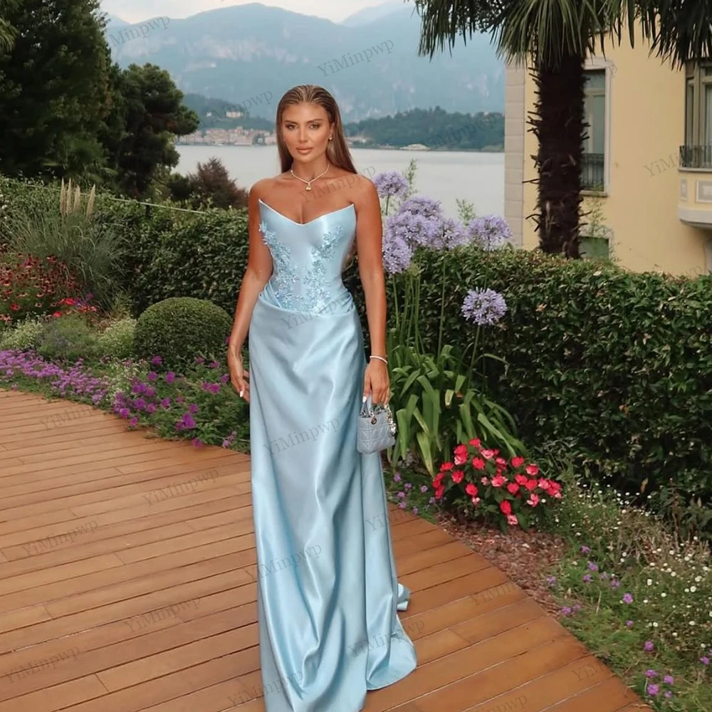 

Sky Blue Evening Gowns Luxury Dress Applique Mermaid Satin Vestido Fiesta Elegante 2025 Customized Simple Wedding Guest Dresses