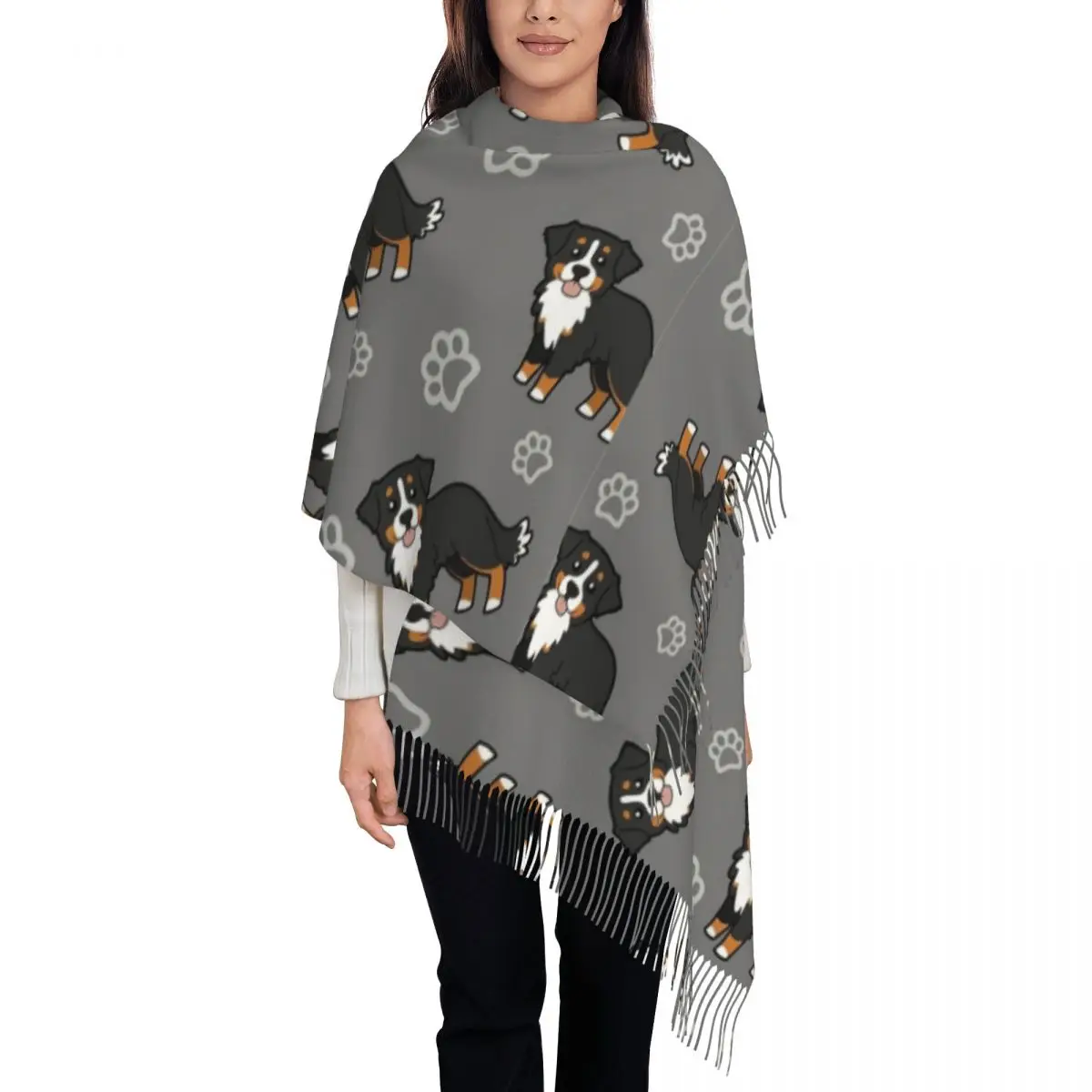 Bernese Mountain Dog Scarf for Women Fall Winter Cashmere Shawl Wrap Cartoon cute animal Large Scarves with Tassel Daily Wear