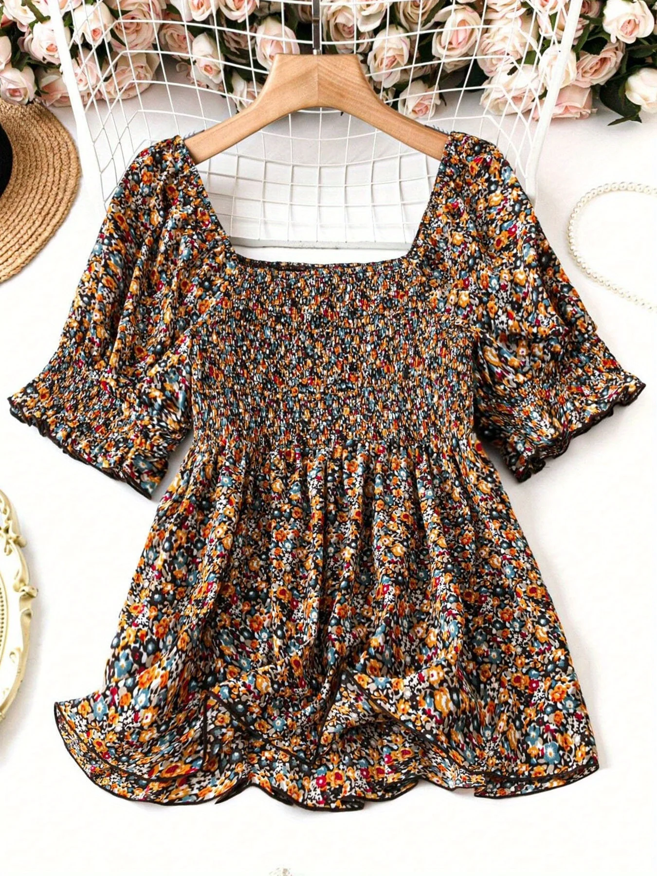 Women's Plus-Size Elegant Smocked All-Over Print Blouse – Stylish Square-Neck Summer Top for Work or Casual Outings