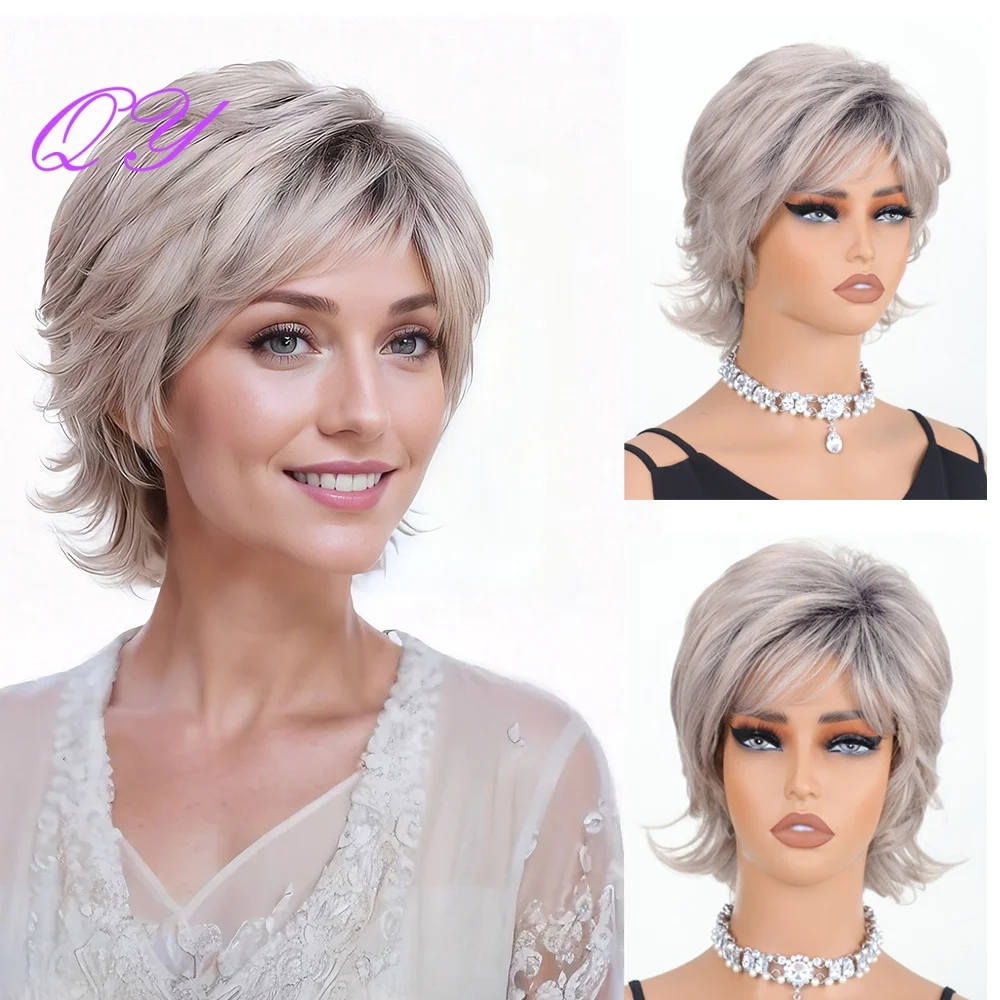 High-quality Synthetic Ash Gray Natural Straight Layered Wig for Women Pixie Cut Style  for Daily Wear  Grandma Wig