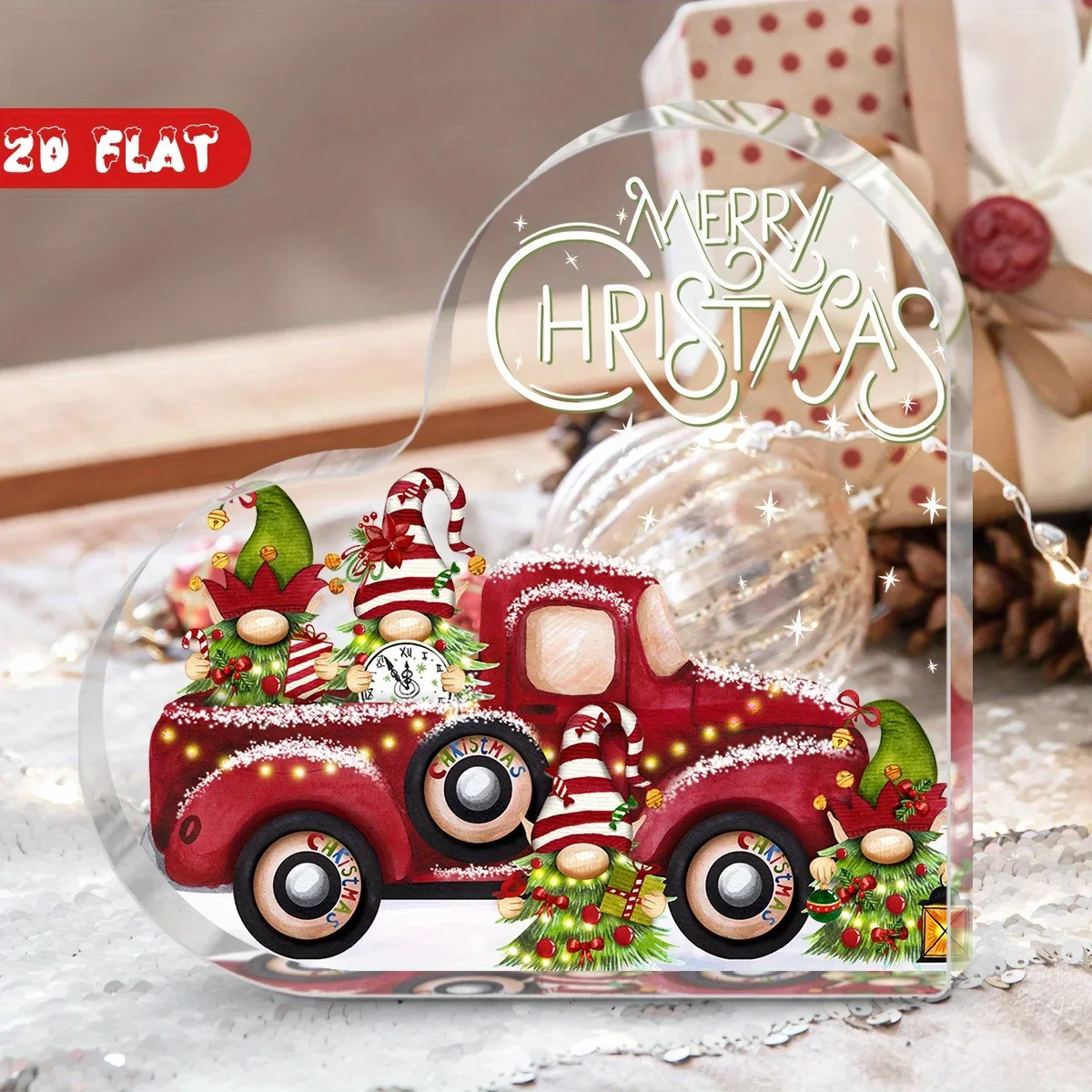 Holiday Gnomes Red Pickup Heart Acrylic Keepsake Plaque, Snowy Xmas Tabletop Decoration,Christmas Gnome Truck Heart Acrylic Sign, Winter Farmhouse Desktop Ornament