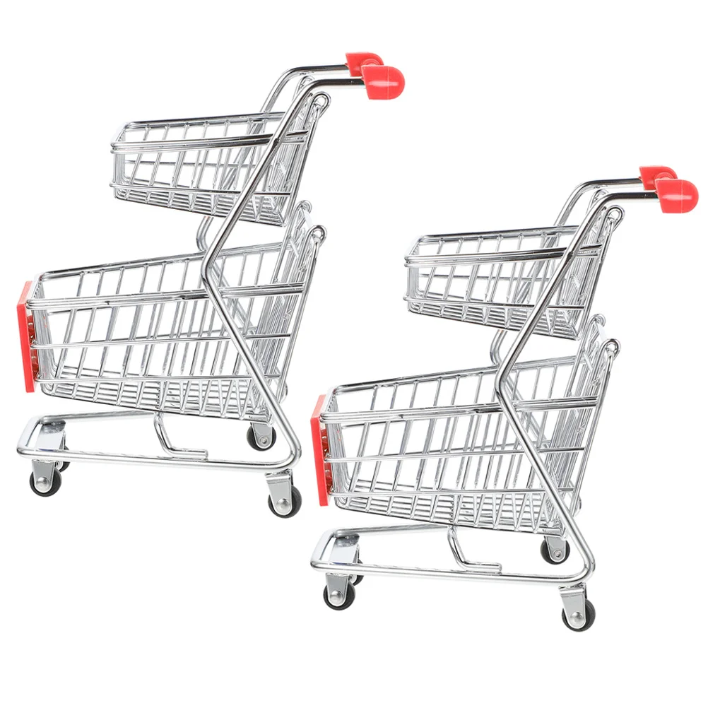 

2Pcs Mini Supermarket Cart Desktop Ornament Multi-Use Storage Container for Office Bedroom Kitchen Tabletop Organization Decor