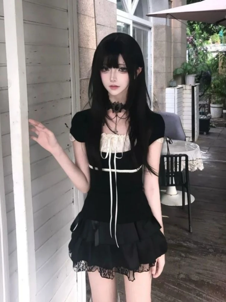 Korean Fashion 2000s 2 Piece Skirt Sets Fake Two Piece Sweet Lace Short Sleeve Top + Cake Mini Skirt Y2k Harajuku Vintage Suit