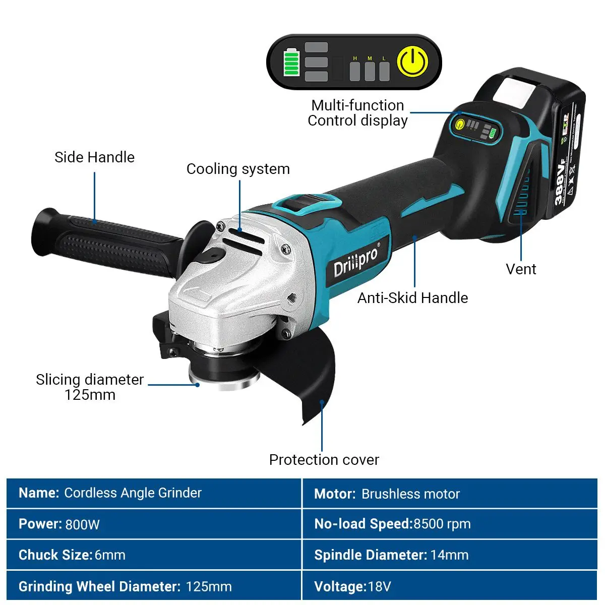 125MM Brushless Angle Grinder 4 Sped Cordless Cutting Polishing Machine Woodworking Power Tool For Makita 18V Battery