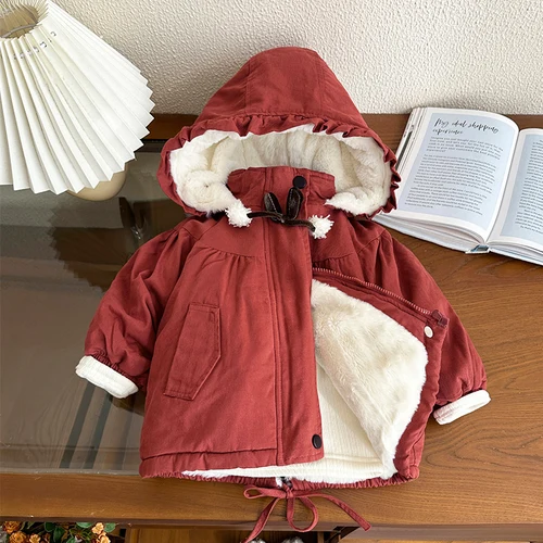 여아용 두껍고 따뜻한 면 코트, 귀여운 후드 긴 소매 양털 안감 패딩 재킷, 1-6 세 어린이 겨울 올 매치 보온 코트 