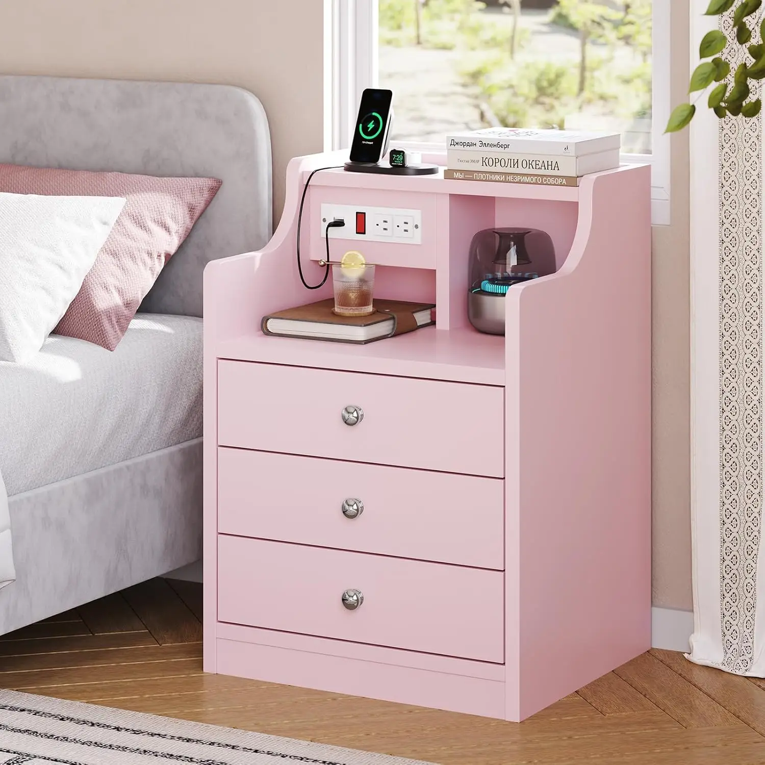Pink Nightstand with Charging Station, Hutch and Drawers for Bedroom Storage