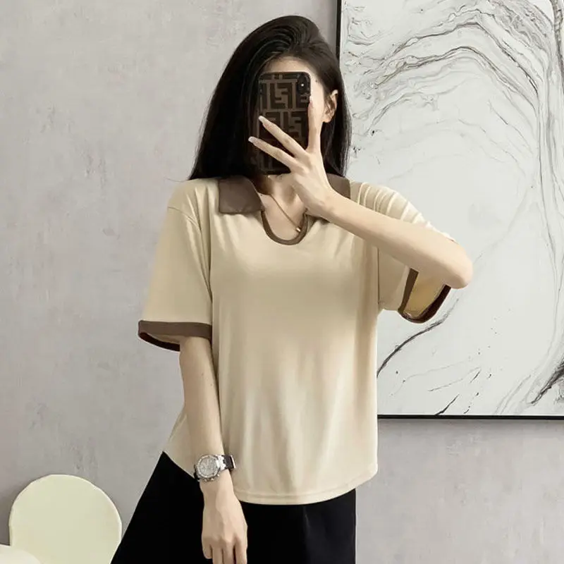 American Turn-down Collar Casual Polo Shirt Women's Summer Solid T-shirt Loose Patchwork Oversized Short Sleeve Fashion Tops